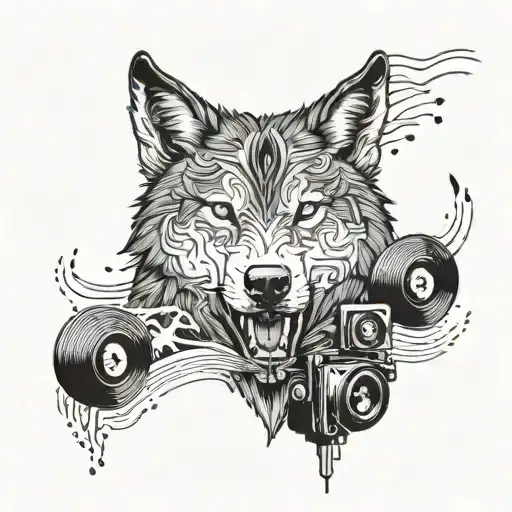 A Wolf Listening To A Vinyl Record With Music Waves Coming Out Of The Speakers