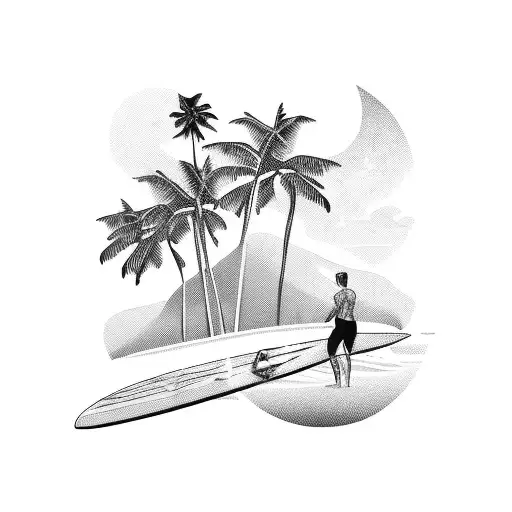 A Vintage Car Driving Along A Coastal Road With Palm Trees And A Surfboard On Top