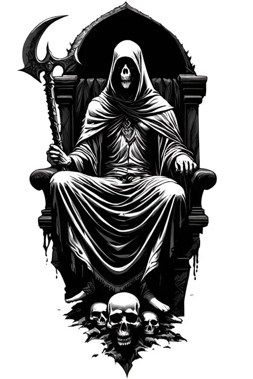 Reaper With A Sickle Sitting On A Throne On A Hill Of Skulls