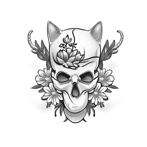 A Skull Wearing A Cat Mask With Flowers In The Background