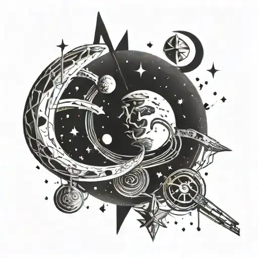 A Celestial-themed Tattoo Incorporating Elements Of Space And Music