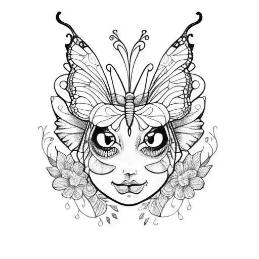 A Blackwork Tattoo Of A Butterfly With Floral Patterns Inspired By Disney's Alice In Wonderland