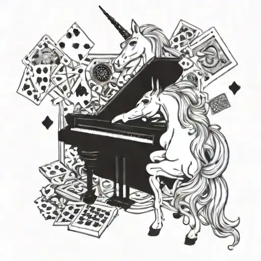 A Unicorn Playing A Grand Piano Surrounded By Playing Cards And Casino Chips