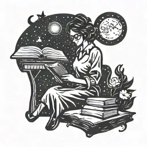 A Tattoo Design Featuring A Silhouette Of A Librarian Reading A Book Under A Starry Sky