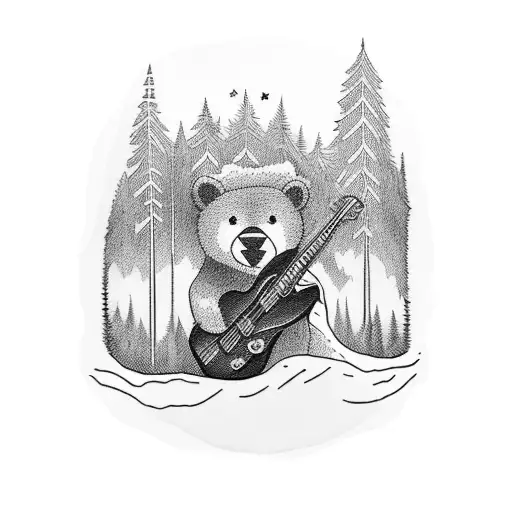 A Blackwork Tattoo Featuring A Bear Playing A Guitar In A Forest Clearing