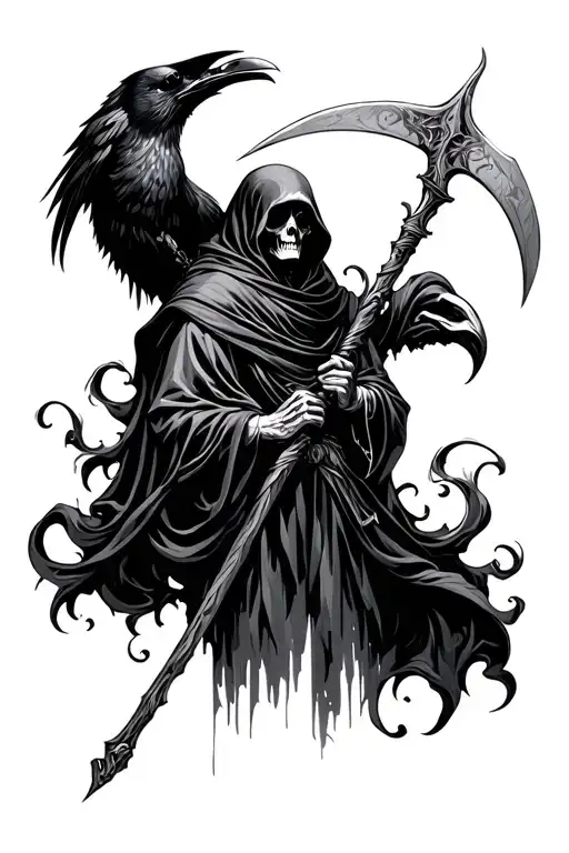 Grim Reaper Holding A Scythe With Raven
