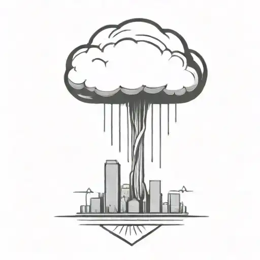 An Abstract Nuclear Explosion Mushroom Cloud Destorying A Major City In An Abstract Black Line Frame