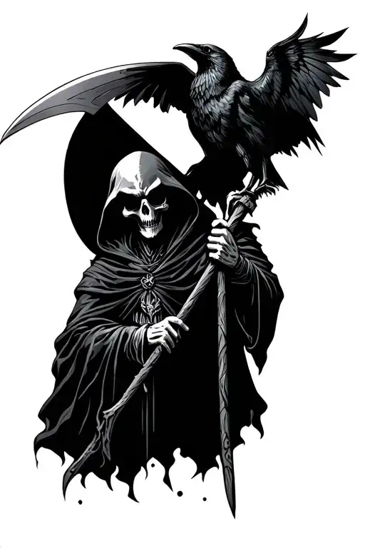 Grim Reaper Holding A Scythe With Raven