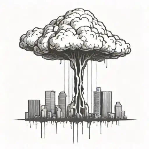 An Abstract Nuclear Explosion Mushroom Cloud Destroying A Major City In An Abstract Black Line Frame