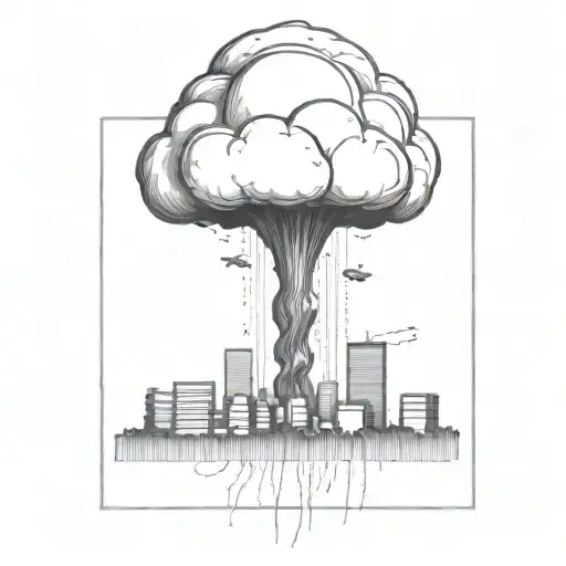 An Abstract Nuclear Explosion Mushroom Cloud Destroying A Major City In An Abstract Black Line Frame