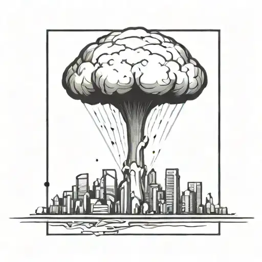 An Abstract Nuclear Explosion Mushroom Cloud Destroying A Major City In An Abstract Black Line Frame