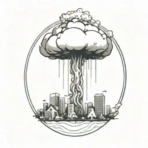 An Abstract Nuclear Explosion Mushroom Cloud Destroying A City In An Abstract Black Line Frame