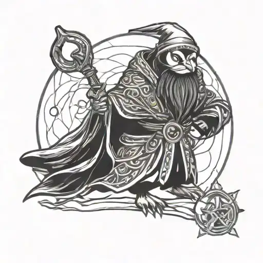 Wizard Penguin Holding Staff Heroic Pose