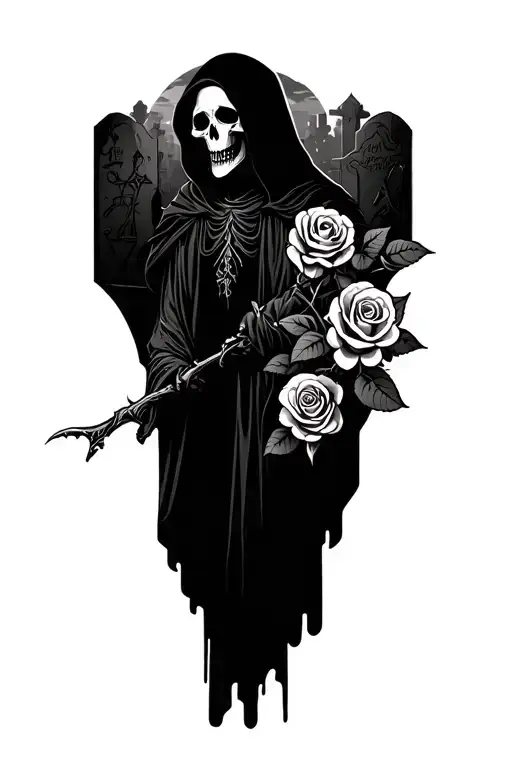 Grim Reaper And Roses With A Graveyard Scene With Tombstones