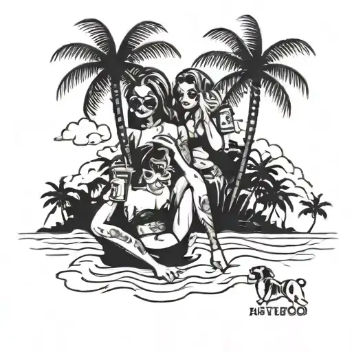A Playful Design Of Cartoon Bitches Enjoying Tropical Drinks Under Palm Trees On A Beach