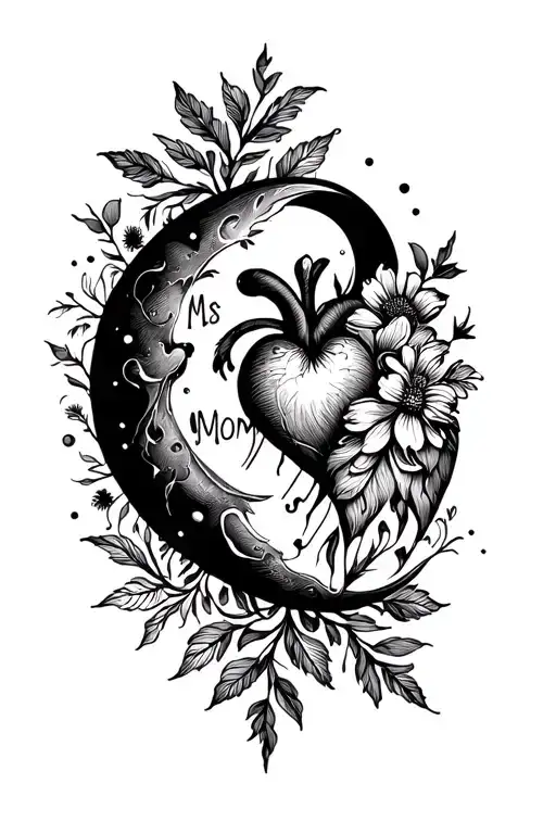 Detailed Heart With Detailed Moon With Flowers With Letters Mom