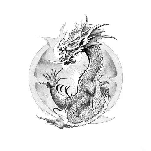 A Majestic Dragon Wrapped Around A Elegant Sun