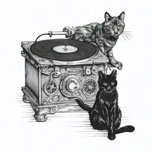 Record Player Old Style And A Black Cat Sitting Together