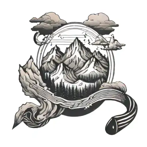 A Tattoo Design Combining Music Notes And Mountain Landscapes