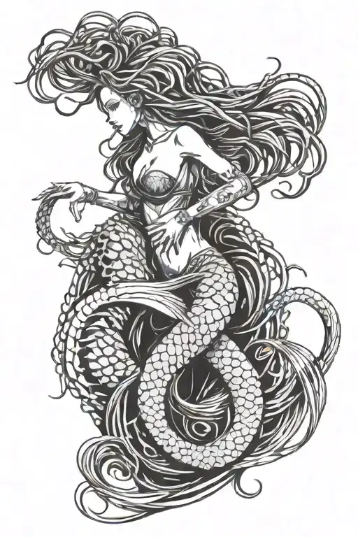 A Mermaid With Dreads And A Long Tail That Makes A Loop Downwards