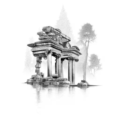 A Serene Waterfall Nestled Among Roman Architecture