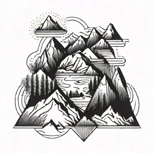 A Geometric Mountain Range With A Winding River Flowing Through It