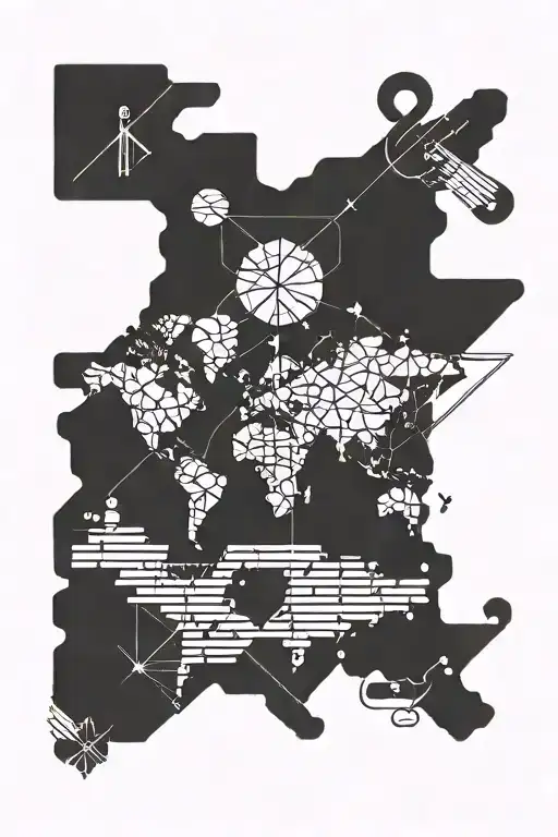 A Geometric Design Incorporating Musical Notes And Symbols With A World Map In The Background