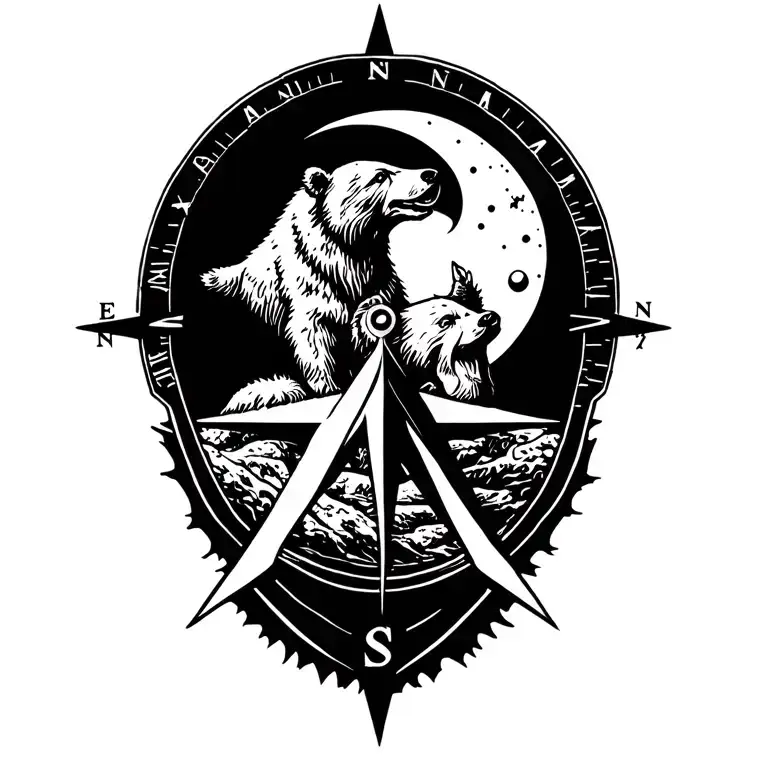 Compass Design With A Bear And A Moon Inside