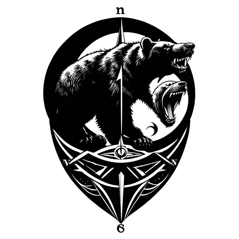 Compass Design With A Bear And A Moon Inside