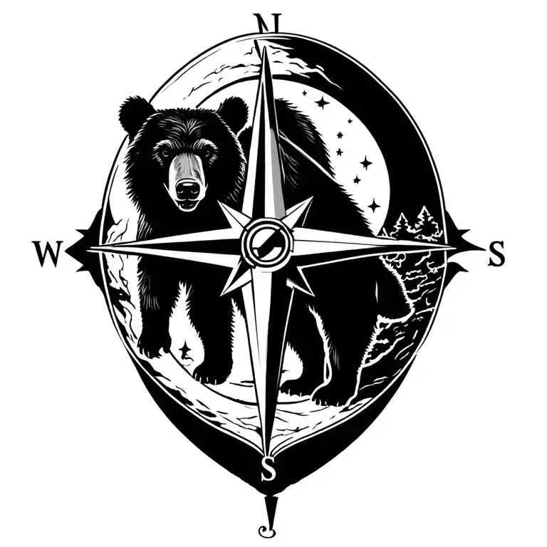 Compass Design With A Bear And A Moon Inside