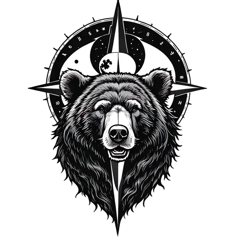 Compass Design With A Bear And A Moon Inside