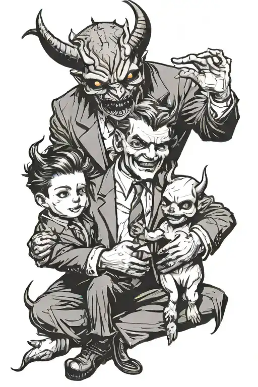A Devil Dressed In A Suit And A Little Boy Holding His Hand