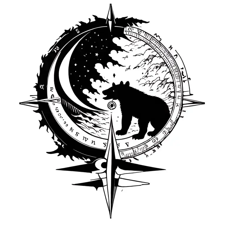 Compass Design With A Bear And A Moon Inside