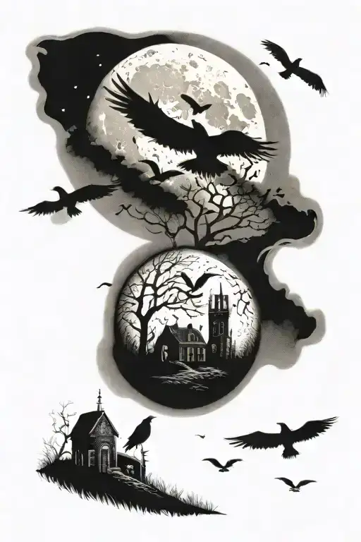 Graveyard With Crows Flying Towards Large Moon With A Lot Of Detail