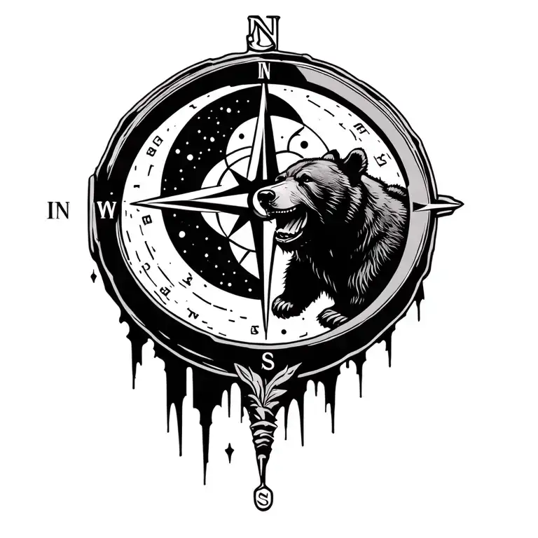 Compass Design With A Bear And A Moon Inside