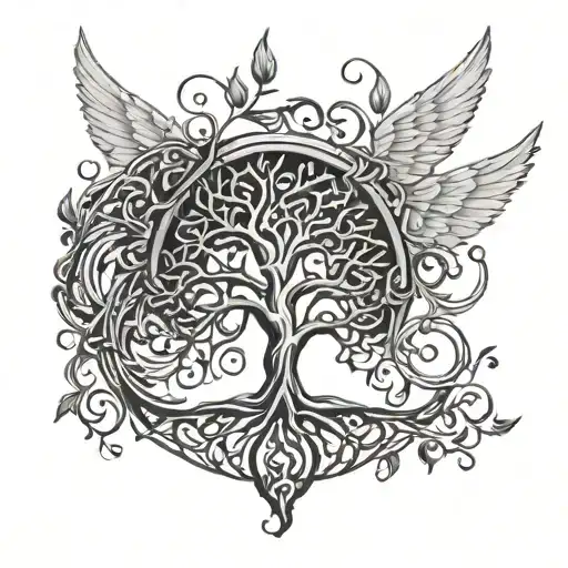A Stylized Tree Of Life Intertwined With Angel Wings