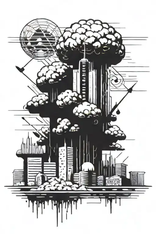 A Nuclear Explosion Mushroom Cloud Destroying A City Using Bold Black Lines And Geometric Shapes