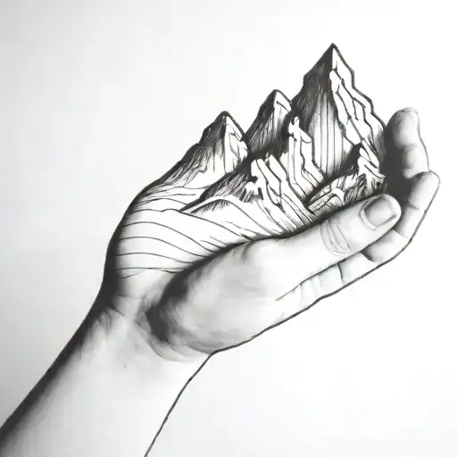 A Simple Black Line Drawing Of A Mountain Being Held In The Palm Of A Human Hand