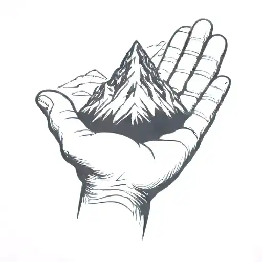 A Simple Minimalist Drawing Of A Large Mountain Being Cradled In The Palm Of A Human Hand