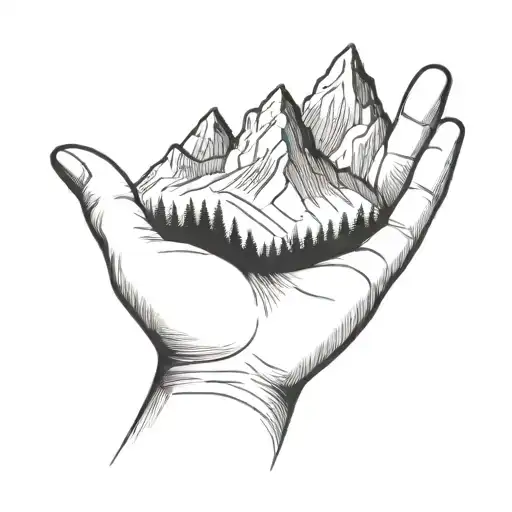 A Simple Minimalist Drawing Of A Large Mountain Being Cradled In The Palm Of A Human Hand