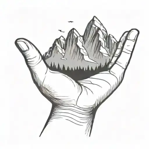 A Simple Minimalist Drawing Of A Large Mountain Being Cradled In The Palm Of A Human Hand