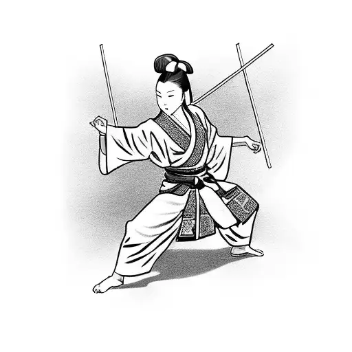 A Graceful Yet Beautiful Samurai Woman Practicing Martial Arts In A Serene Garden