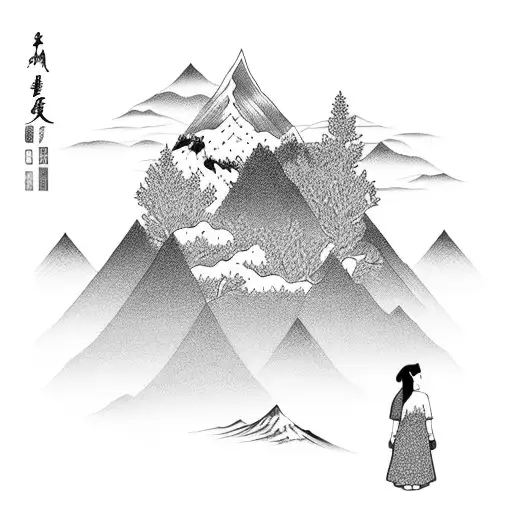 Asian Girl Stands Near Beautiful Mountains