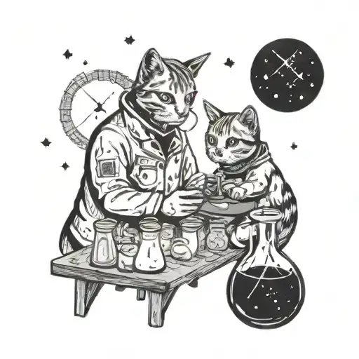 A Cosmic Chemistry Lab Scene With A Cat Scientist Mixing Potions Under A Starry Sky