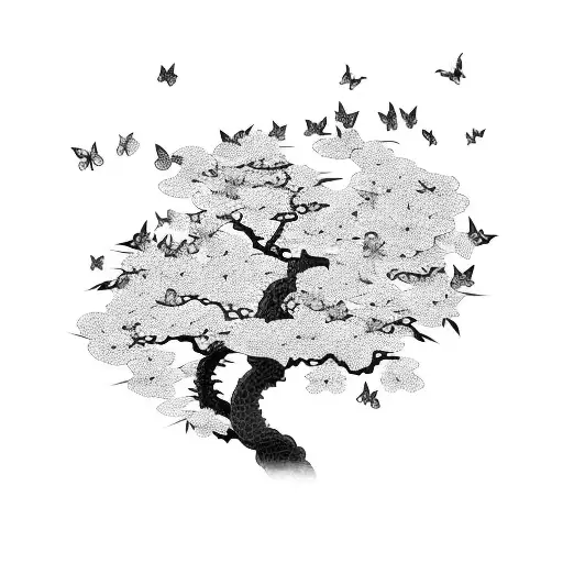 A Majestic Dragon Protecting A Sakura Tree With Butterflies Fluttering Around It