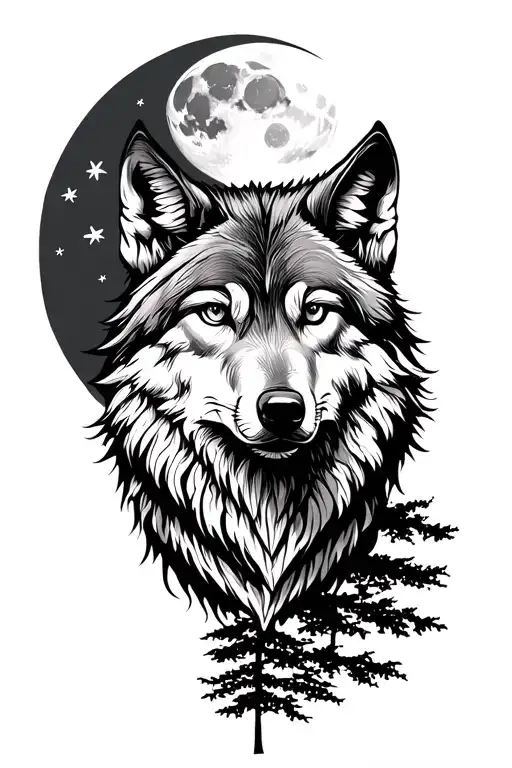 Wolf The Moon And Trees
