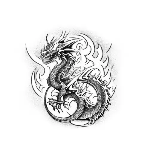 A Fierce Dragon Breathing Fire Surrounded By Heavy Metal Symbols And Band Logos