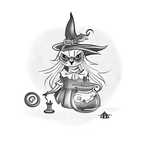 A Spooky Witch Brewing Potions With A Black Cat By Her Side