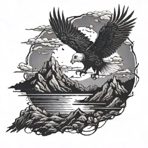 A Mystical Post-apocalyptic Landscape With A Majestic Eagle Soaring Through The Dark Dawn Sky