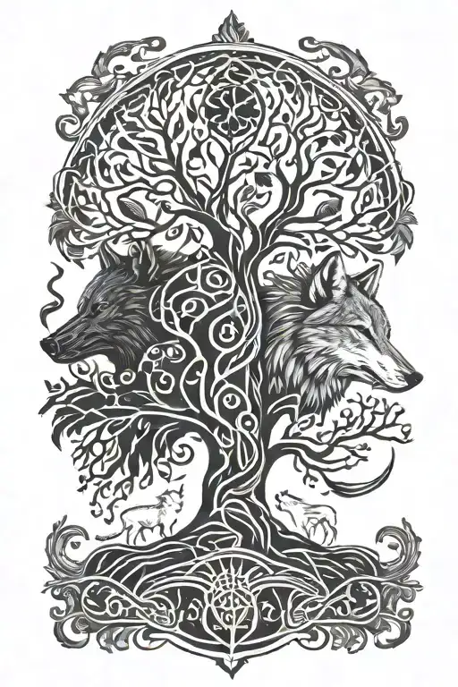 Tree Of Life And Wolf Head With Nordic Runes